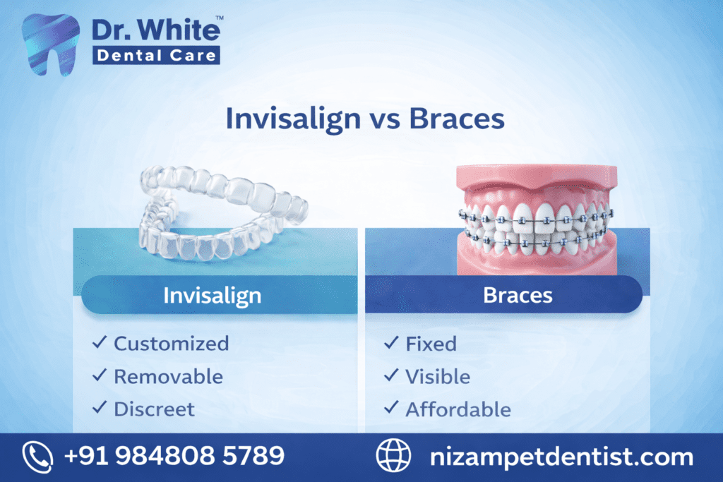 Visual comparison of Invisalign aligners and traditional braces for orthodontic treatment