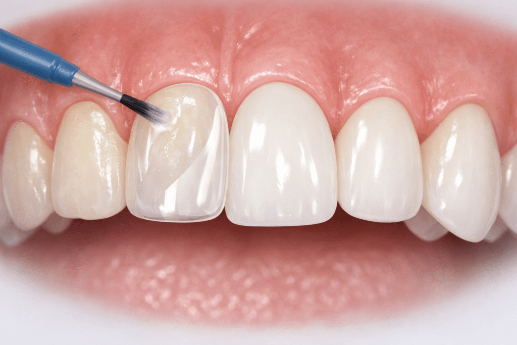 Dental veneer application on front tooth